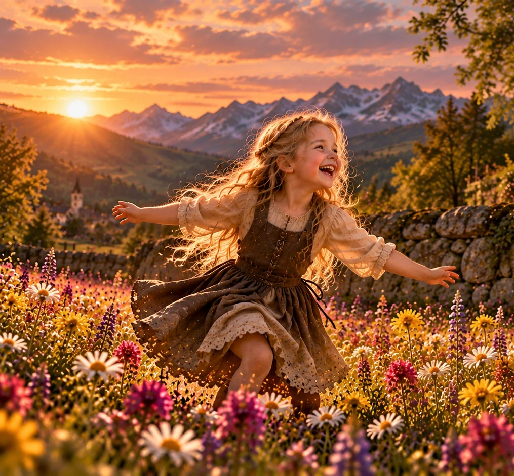 Ingrid bambina corre fra i fiori